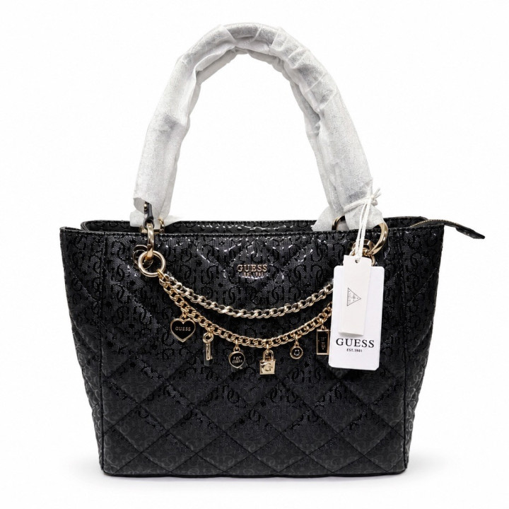 Guess Torebka Shopperka HWGG9912250 Czarna duża logowana ze złotymi elementami