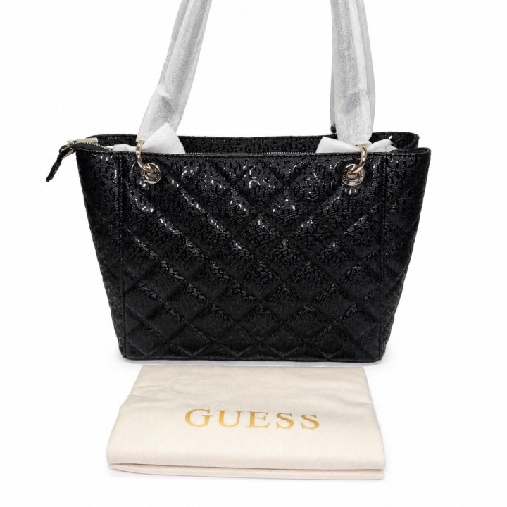 Guess Torebka Shopperka HWGG9912250 Czarna duża logowana ze złotymi elementami