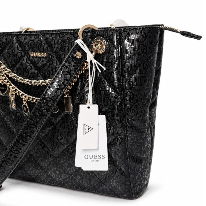 Guess Torebka Shopperka HWGG9912250 Czarna duża logowana ze złotymi elementami