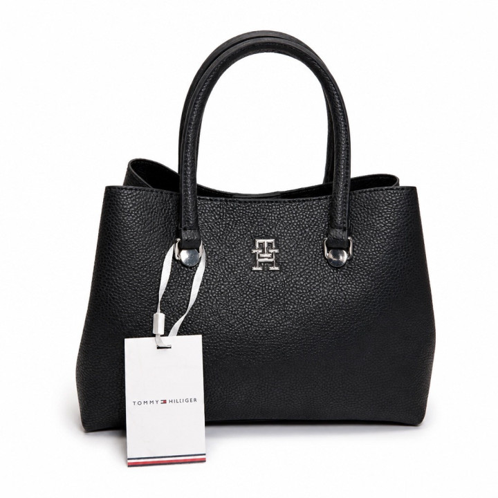 Tommy Hilfiger Emblem Small Satchel Torebka AW0AW14214 Czarna średnia torebka pojemna z odpinanym paskiem
