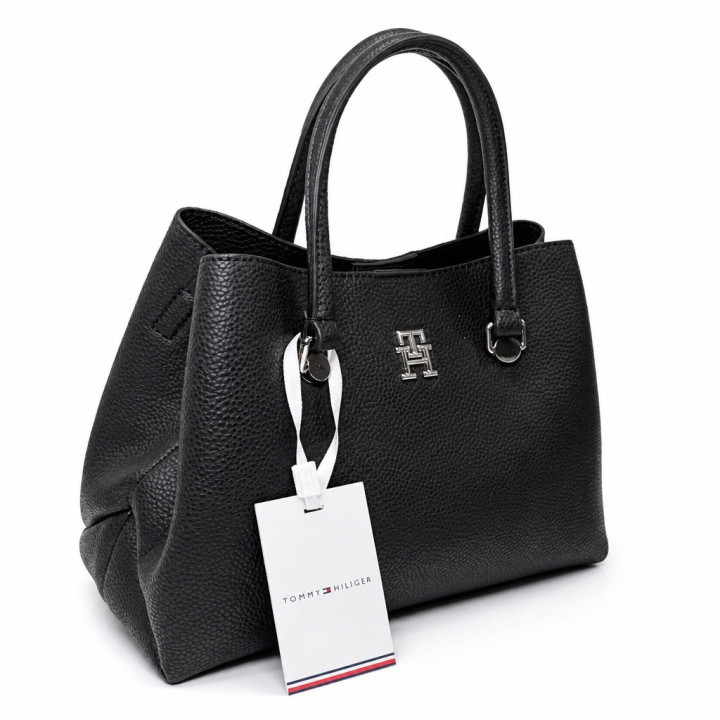 Tommy Hilfiger Emblem Small Satchel Torebka AW0AW14214 Czarna średnia torebka pojemna z odpinanym paskiem