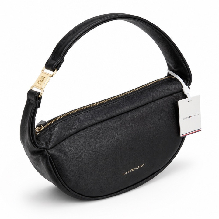 Tommy Hilfiger Contemporary Shoulder Bag AW0AW14884 Black Czarna średnia torebka na ramię pojemna ze złotymi detalami