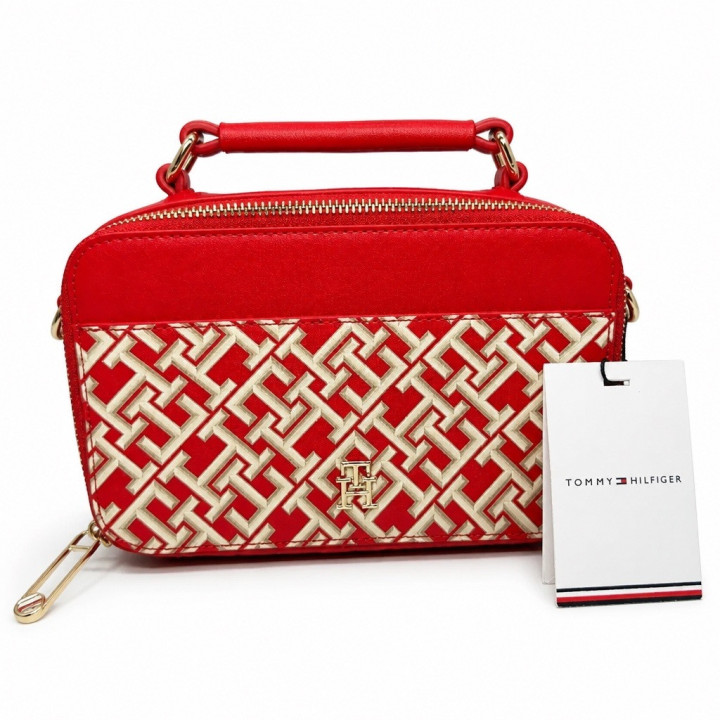 Tommy Hilfiger Torebka Iconic Camera bag Mono AW0AW16083 Czerwona torebka logowana kufer odpinany pasek