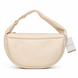 Tommy Hilfiger Contemporary Shoulder Bag AW0AW14884 Ecru Kremowa średnia torebka na ramię pojemna ze złotymi detalami