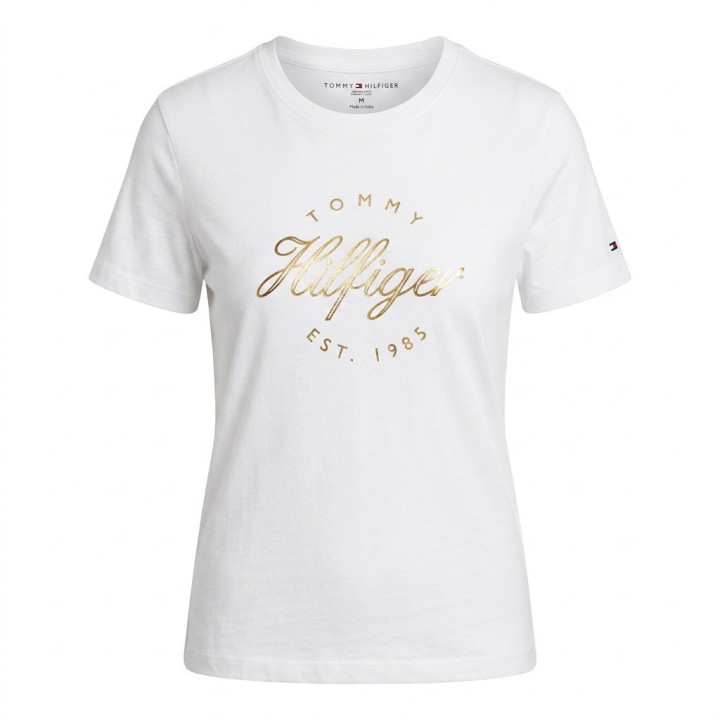 Tommy Hilfiger T-shirt Damski Typography Print Tee biały złote logo