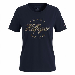Tommy Hilfiger T-shirt Damski Typography Print Tee granatowy złote logo