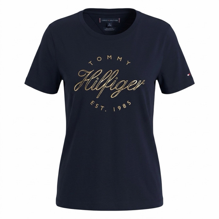 Tommy Hilfiger T-shirt Damski Typography Print Tee granatowy złote logo